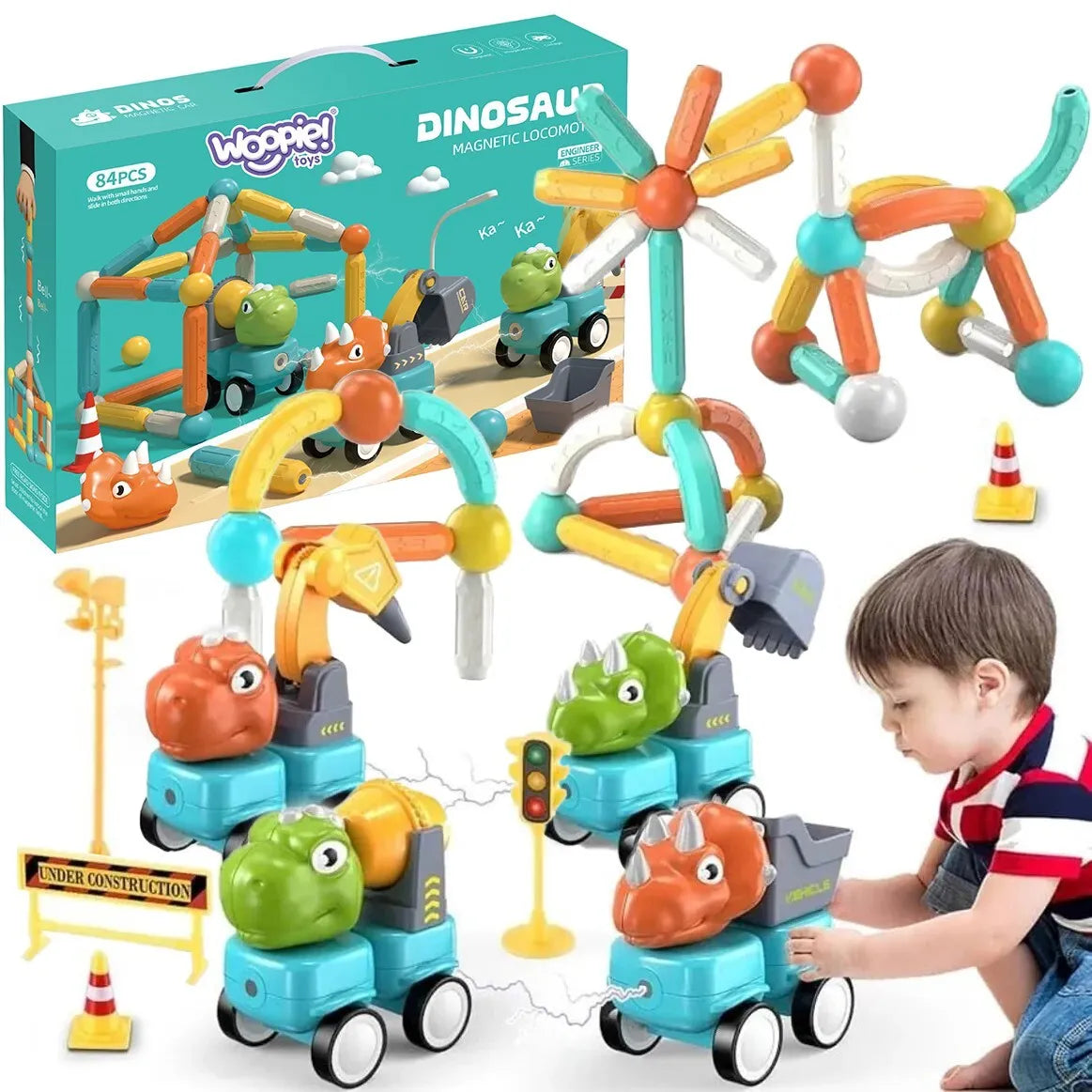 Woopie magnetinis konstruktorius „Dinozaurai ir statybinės mašinos“